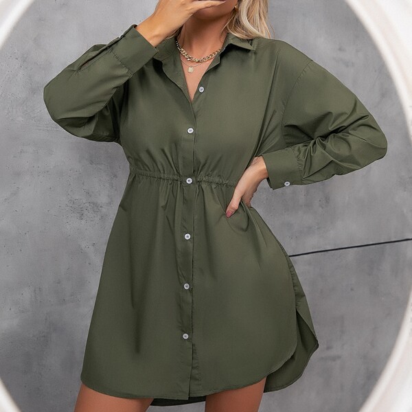 

Solid Tie Back Shirt Dress, Army green