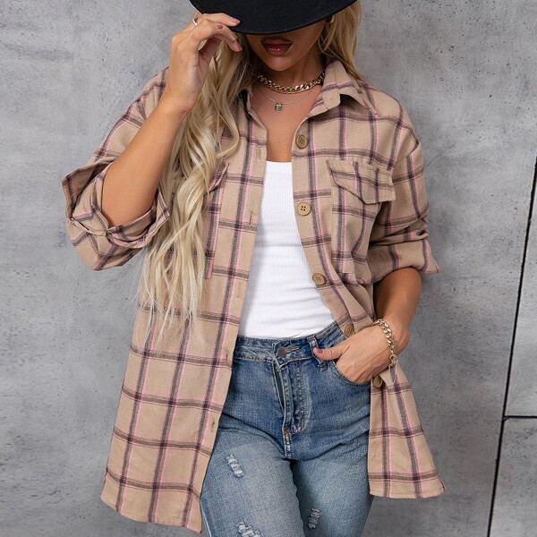

Plaid Flap Pocket Button Up Blouse, Apricot