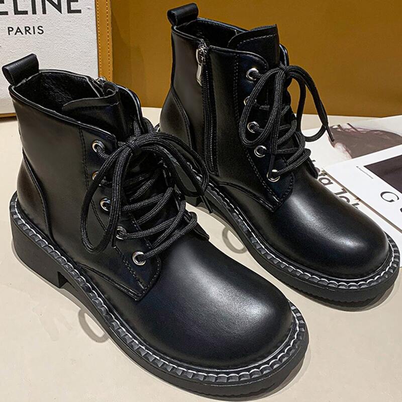 

Side Zipper Round Toe Combat Boots, Black
