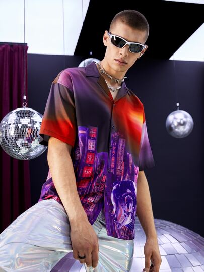 Manfinity Men Ombre Figure & Japanese Letter Graphic Shirt