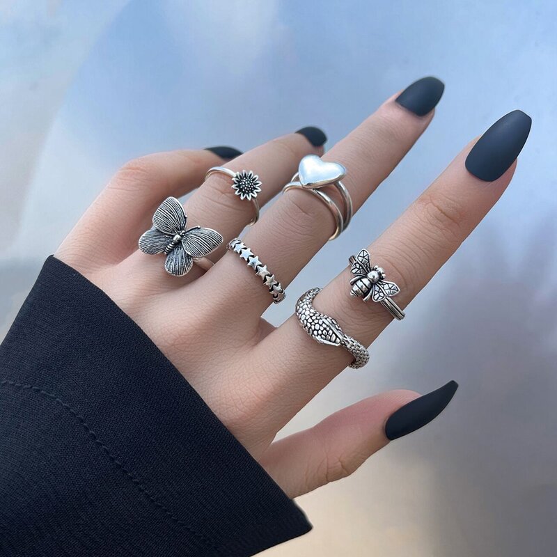 

6pcs Butterfly Decor Ring, Antique silver