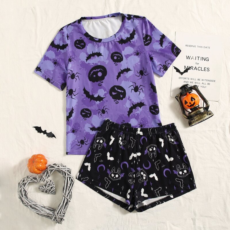 

Animal and Cartoon Graphic Top & Shorts PJ Set, Multicolor