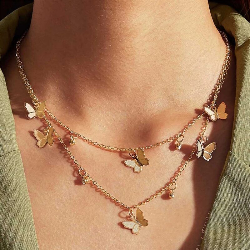 

Butterfly Charm Layered Chain Necklace, Gold