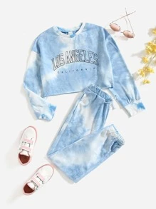 SHEIN Bộ hai mảnh Gái Thắt nút Lá thư Cà vạt nhuộm Giải trí - Xanh và trắng - Xem 1