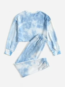 SHEIN Bộ hai mảnh Gái Thắt nút Lá thư Cà vạt nhuộm Giải trí - Xanh và trắng - Xem 2