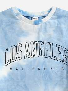 SHEIN Bộ hai mảnh Gái Thắt nút Lá thư Cà vạt nhuộm Giải trí - Xanh và trắng - Xem 3