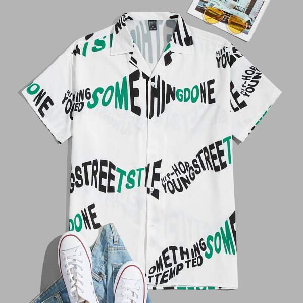 

Men Letter Graphic Button Front Shirt, Black and white