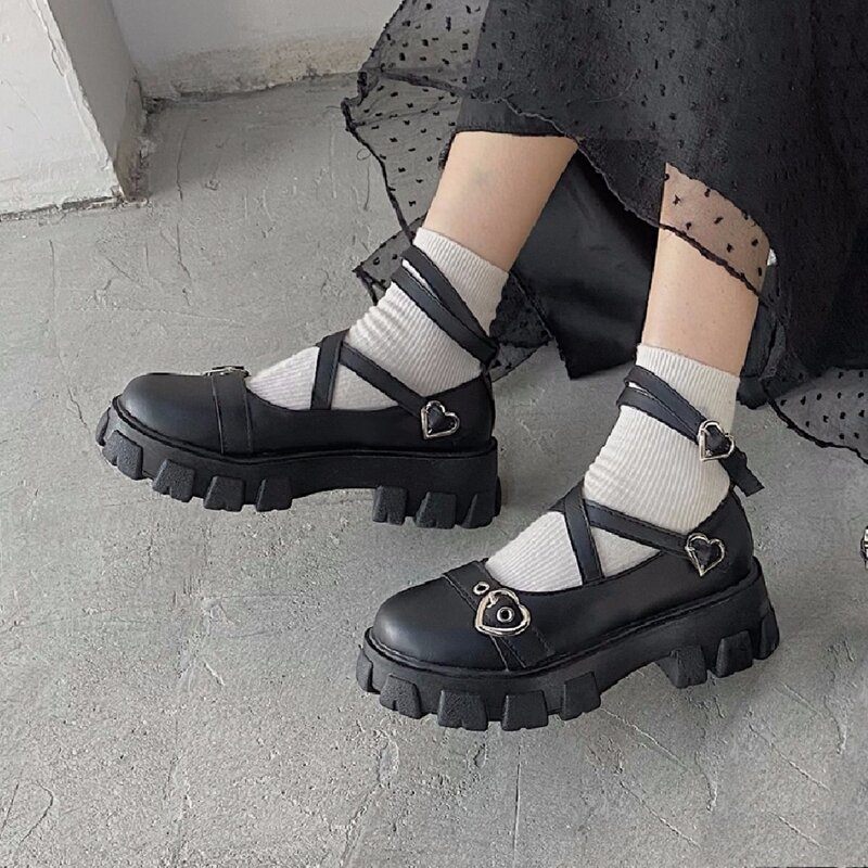 

Heart Decor Buckle Strap Mary Janes, Black
