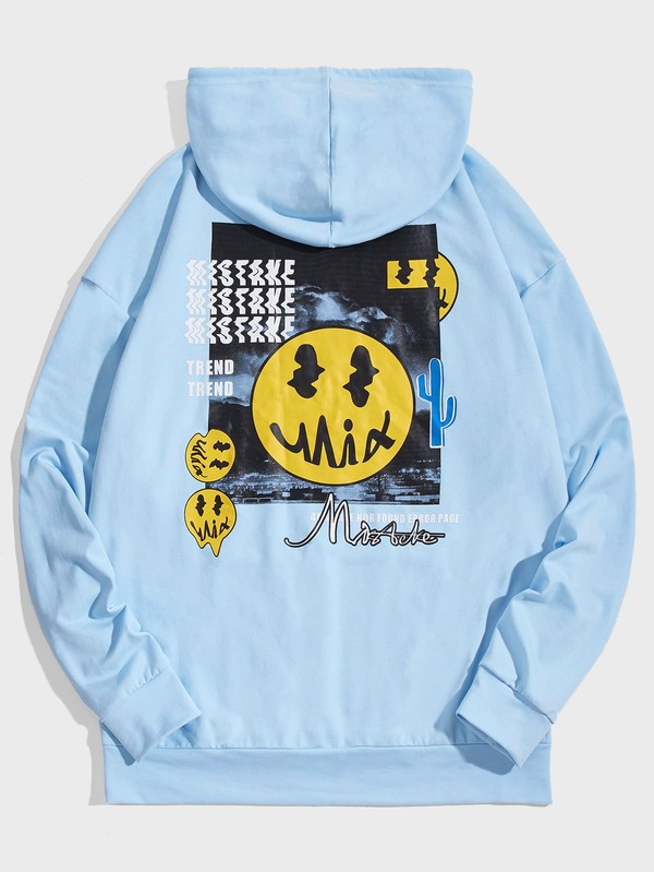 Manfinity RebelGame 男士字母和卡通圖案落肩袖連帽衫