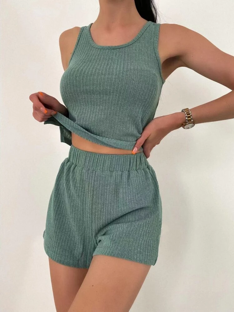 Ribbed Knit Tank Top & Shorts Lounge Set - Mint Green - View 1