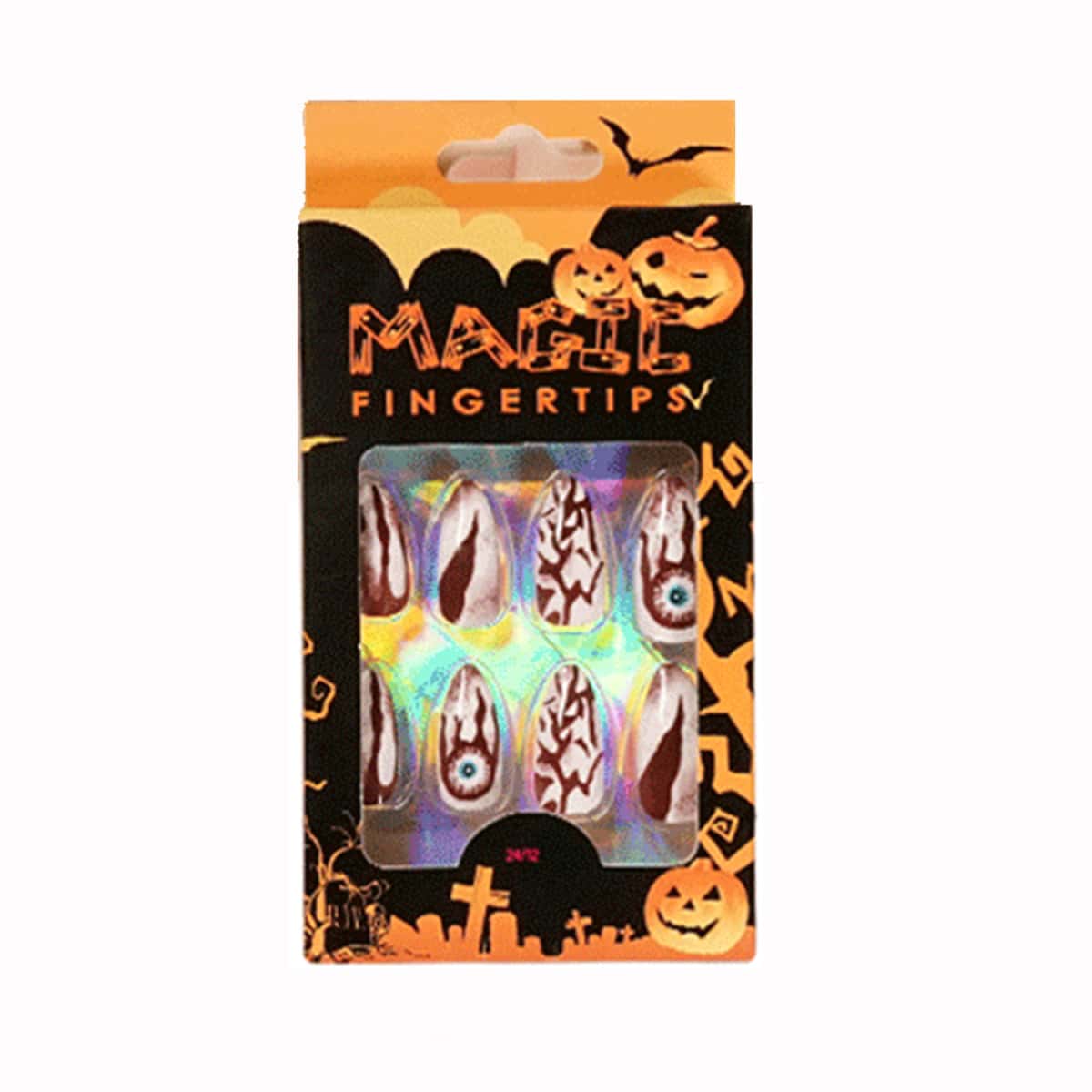 

24pcs Halloween Pattern Fake Nail, Burgundy