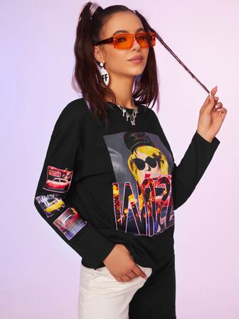 T-shirt avec motif figure et lettre