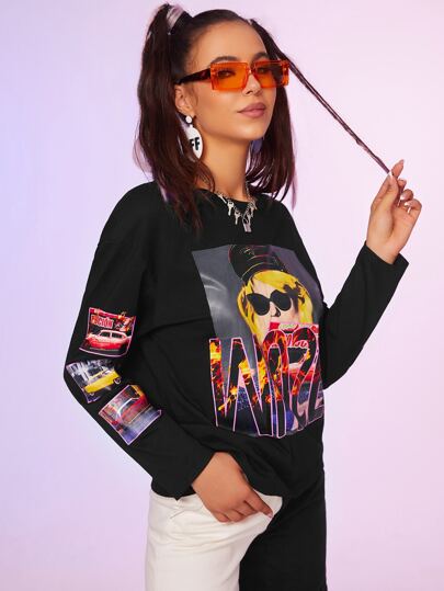 T-Shirt mit Figur & Buchstabe Grafik