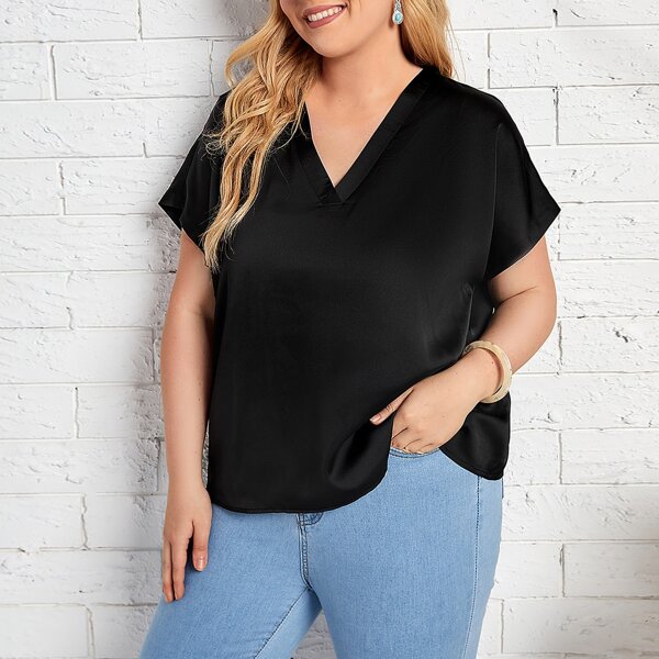 

Plus Solid Dolman Sleeve Blouse, Black