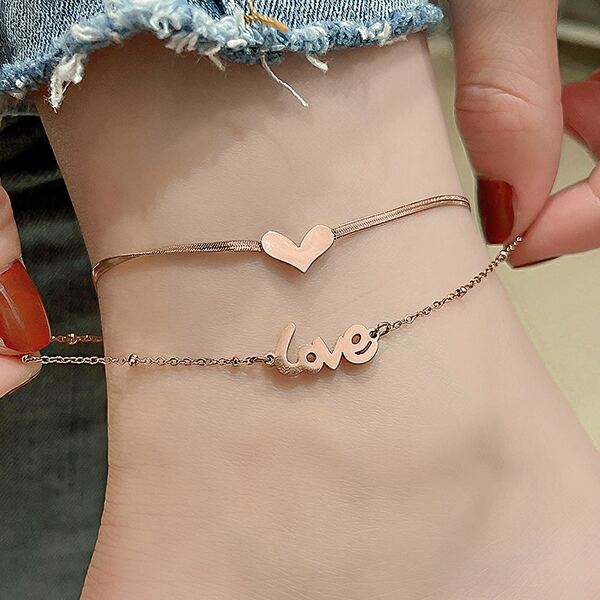 

Girls Heart Decor Layered Anklet, Rose gold