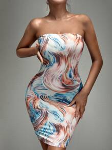 SHEIN SXY 大理石圖案抹胸緊身連衣裙 - 彩色 - 查看 1