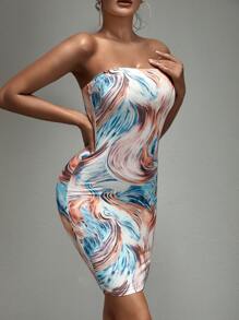 SHEIN SXY 大理石圖案抹胸緊身連衣裙 - 彩色 - 查看 3