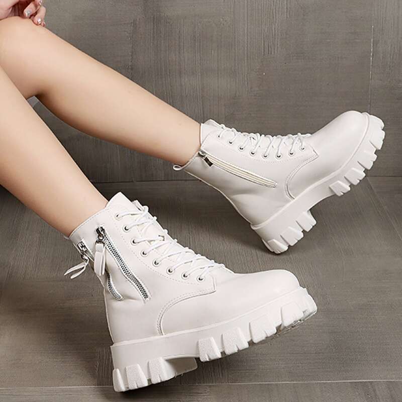 

Side Zip Decor Platform Combat Boots, Beige