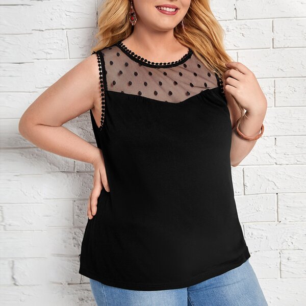 

Plus Contrast Dobby Mesh Guipure Lace Detail Tank Top, Black