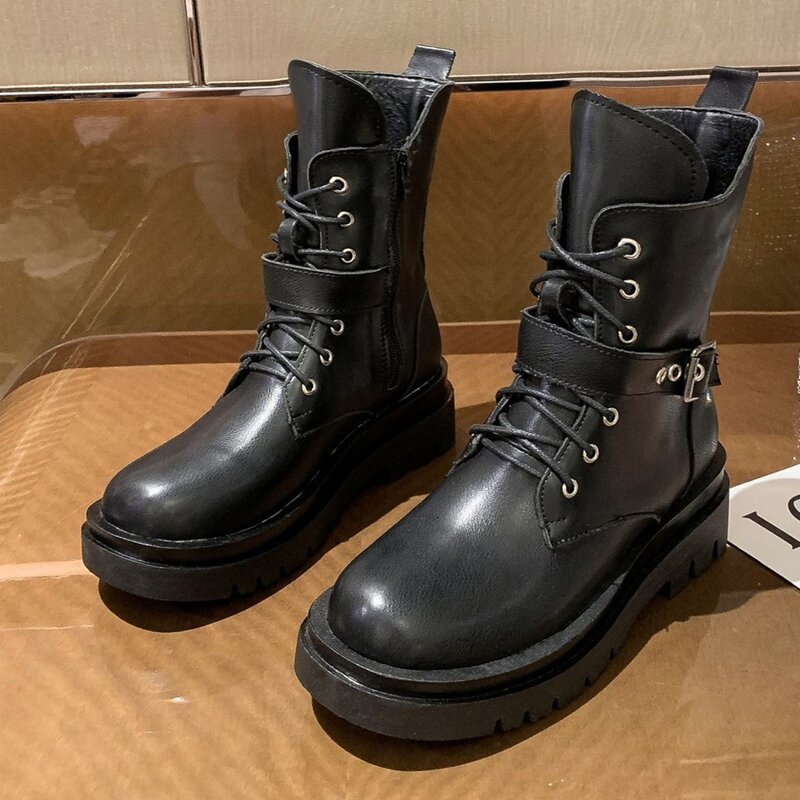 

Buckle Decor Lace-up Front Combat Boots, Black