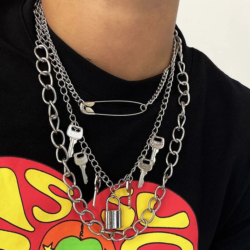 

3pcs Lock & Key Charm Chain Necklace, Silver