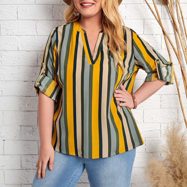 

Plus Striped Roll Up Sleeve Blouse, Multicolor
