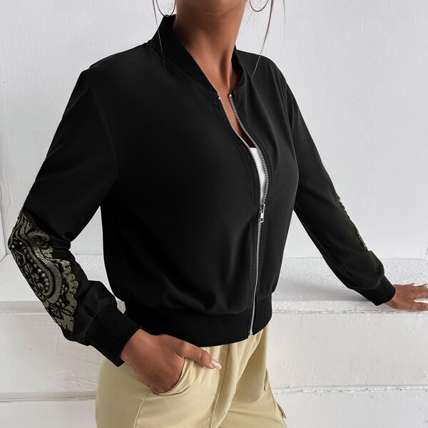 

Embroidery Detail Zip Up Bomber Jacket, Black