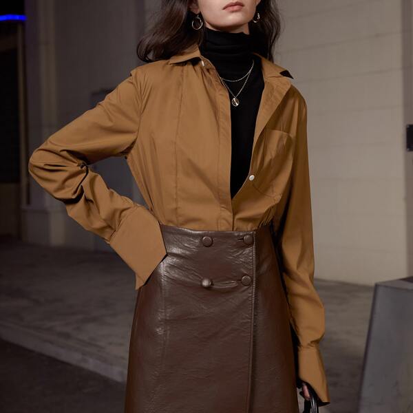 

Blouson Sleeve Pocket Front Blouse, Mocha brown