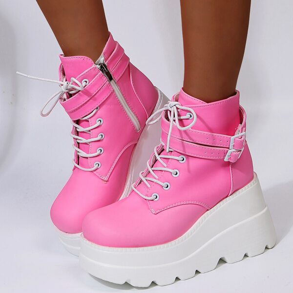 

Buckle Decor Lace-up Wedge Boots, Hot pink