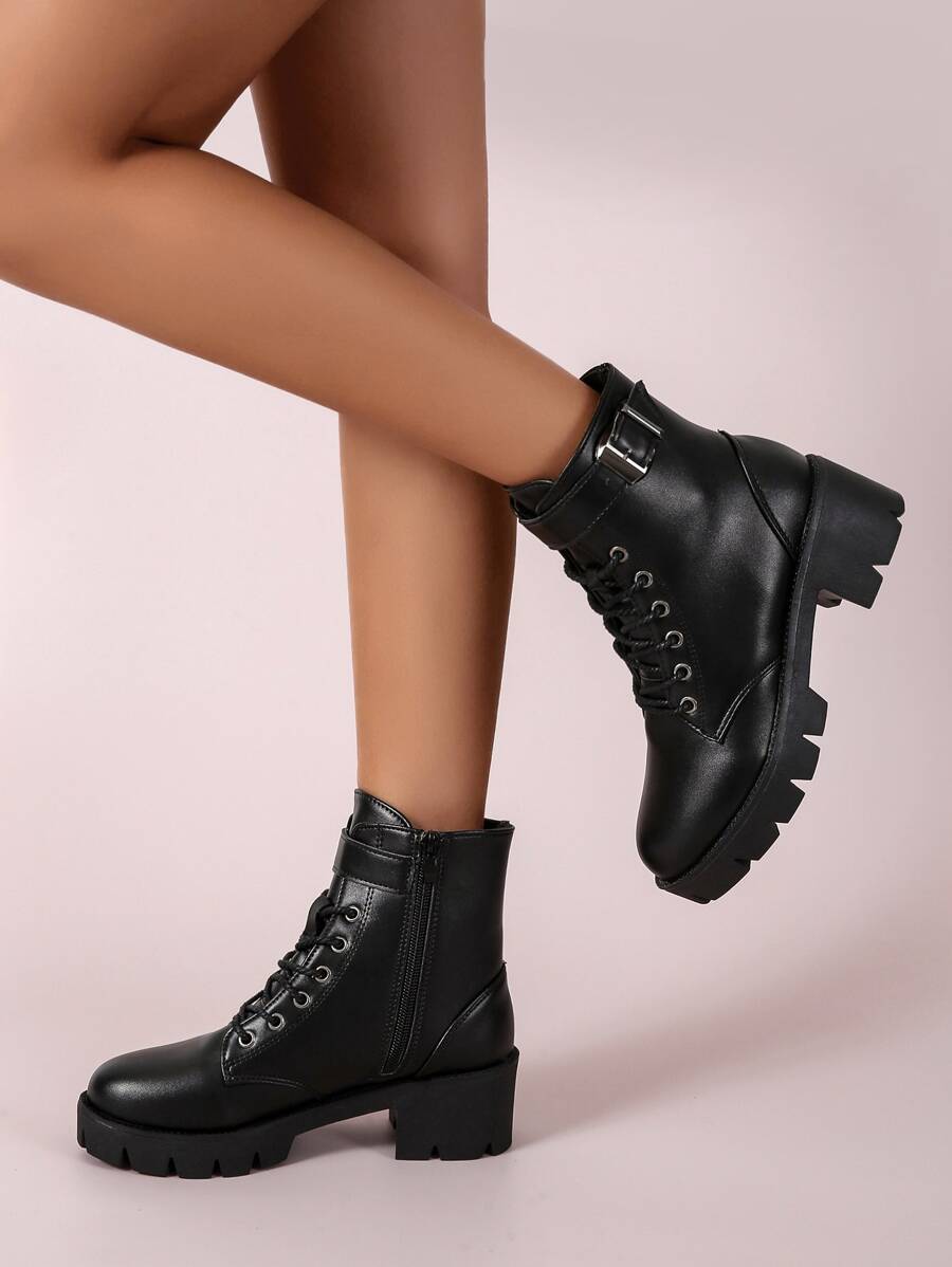Buckle Decor Chunky Heeled Combat Boots - Black - View 1