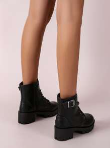 Buckle Decor Chunky Heeled Combat Boots - Black - View 2
