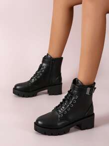 Buckle Decor Chunky Heeled Combat Boots - Black - View 3