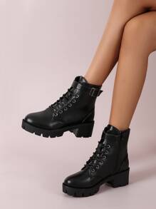 Buckle Decor Chunky Heeled Combat Boots - Black - View 4