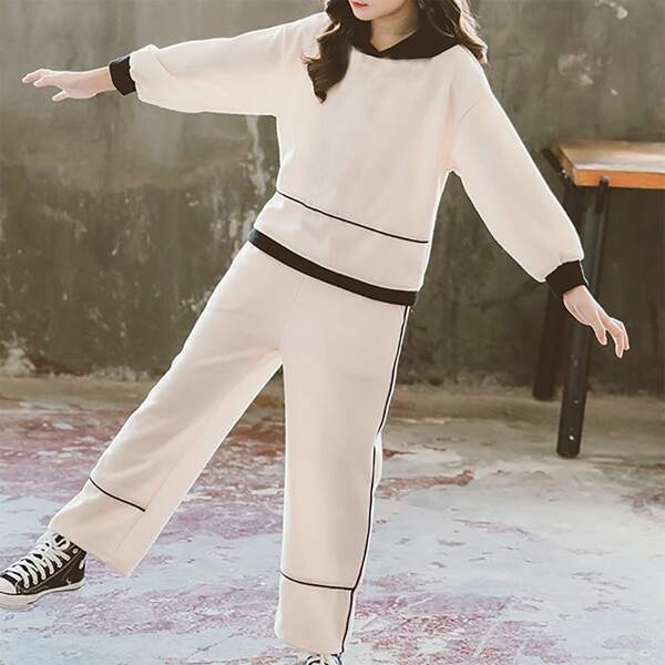 

Girls Colorblock Contrast Binding Hoodie & Sweatpants, Beige