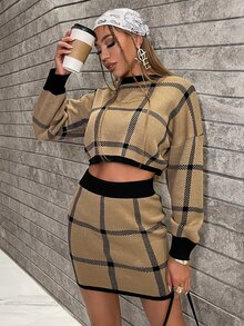 Glamaker 格紋短款毛衣和針織短裙套裝