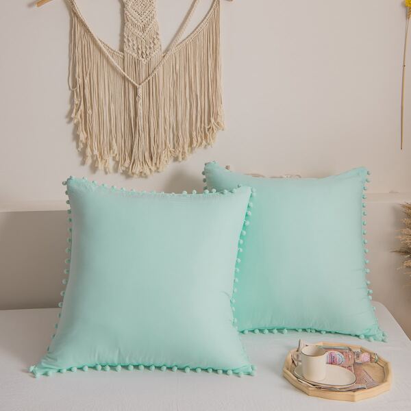 

2pcs Plain Pom Pom Pillowcase Without Filler, Blue