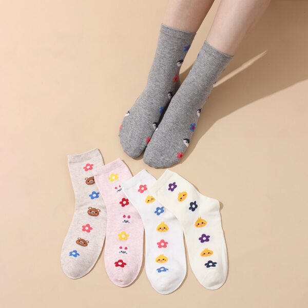 

5pairs Flower Pattern Crew Socks, Multicolor