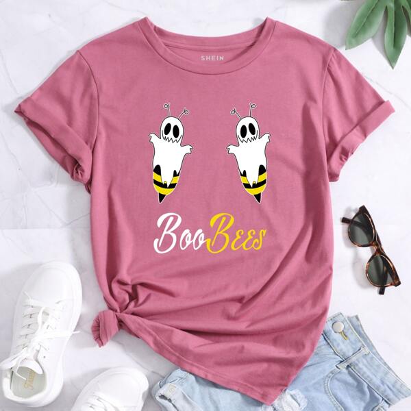 

Halloween & Letter Graphic Short Sleeve Tee, Dusty pink