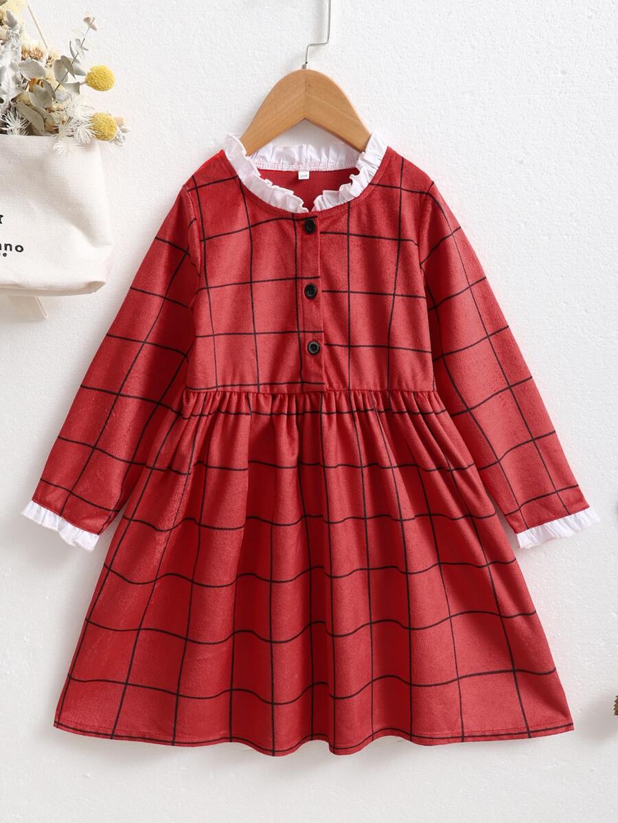 Vestido De Niñitas De Terciopelo Con Estampado De Cuadros Y Cuello Con Volante - Rojo - Ver 1