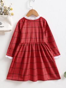 Vestido De Niñitas De Terciopelo Con Estampado De Cuadros Y Cuello Con Volante - Rojo - Ver 2