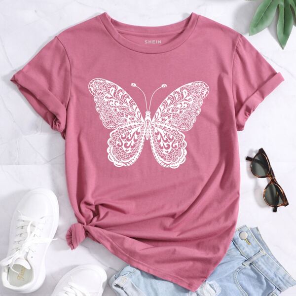 

Butterfly Print Round Neck Tee, Dusty pink
