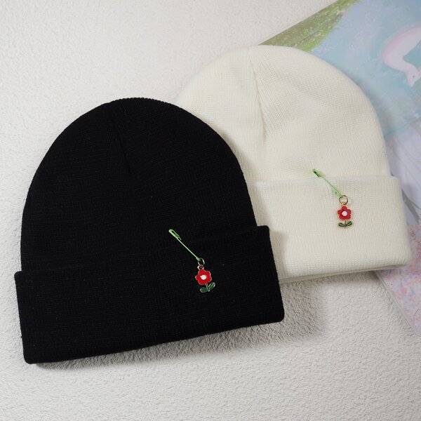 

2pcs Flower Decor Beanie, Black and white