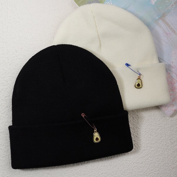

2pcs Fruit Decor Knitted Hat, Black and white