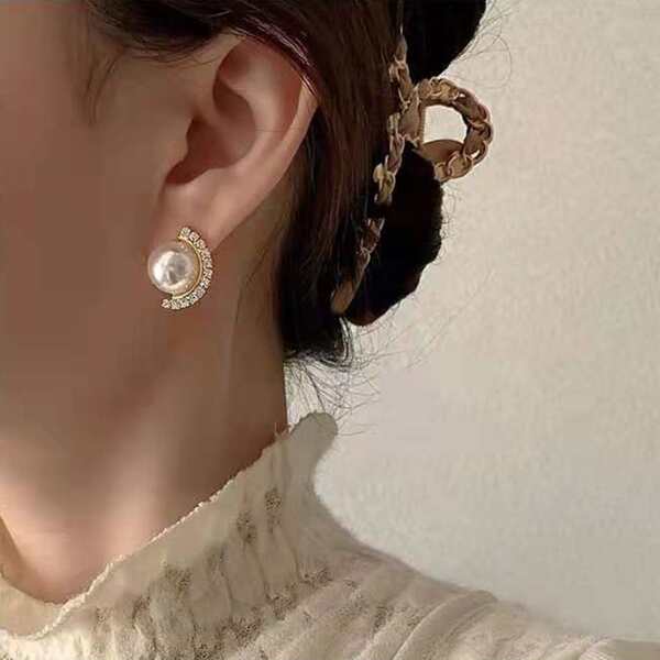

Rhinestone & Faux Pearl Decor Earrings, Gold