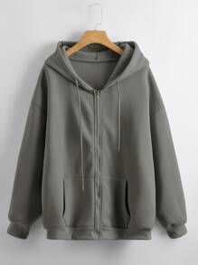 SHEIN LUNE Sudadera con capucha con cordón con cremallera unicolor - Gris Oscuro - Ver 1