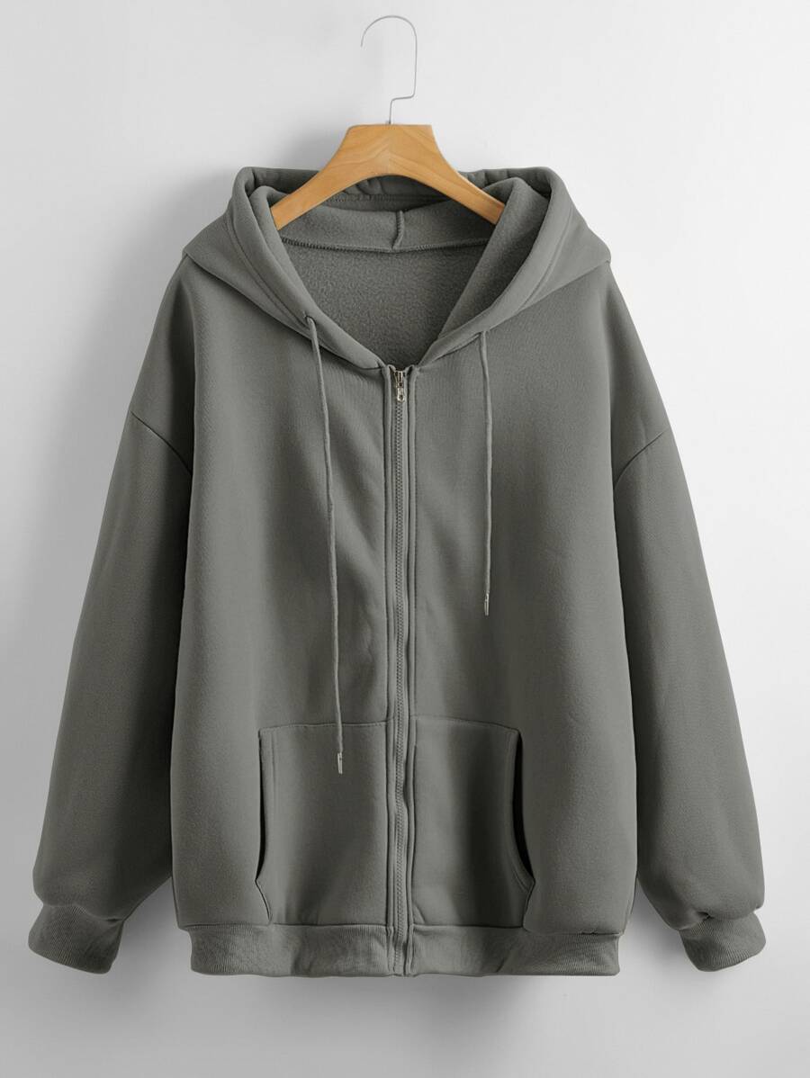 SHEIN LUNE Sudadera con capucha con cordón con cremallera unicolor - Gris Oscuro - Ver 1