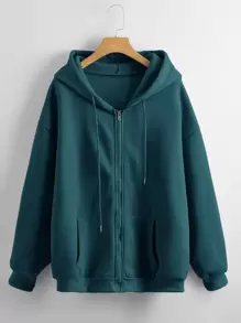 SHEIN LUNE Solid Zip Up Drawstring Hooded Sweatshirt - Teal Blue - View 1