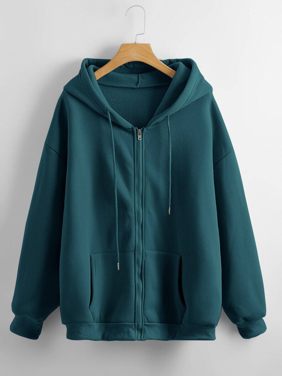 SHEIN LUNE Solid Zip Up Drawstring Hooded Sweatshirt - Teal Blue - View 1