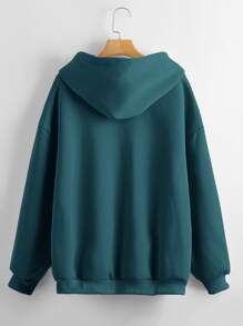 SHEIN LUNE Solid Zip Up Drawstring Hooded Sweatshirt - Teal Blue - View 2