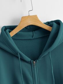 SHEIN LUNE Solid Zip Up Drawstring Hooded Sweatshirt - Teal Blue - View 4